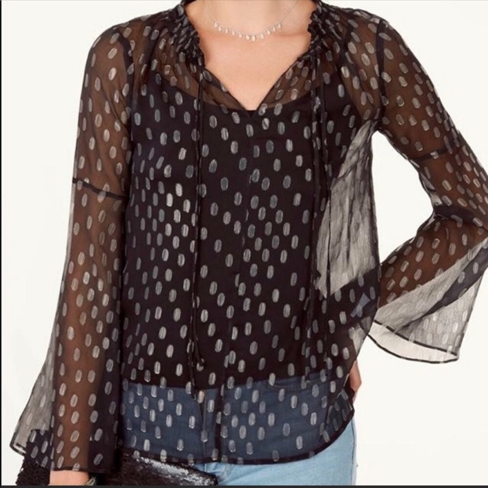 Stella & Dot Aria Top black silver blouse XL shirt long sleeve sheet gold